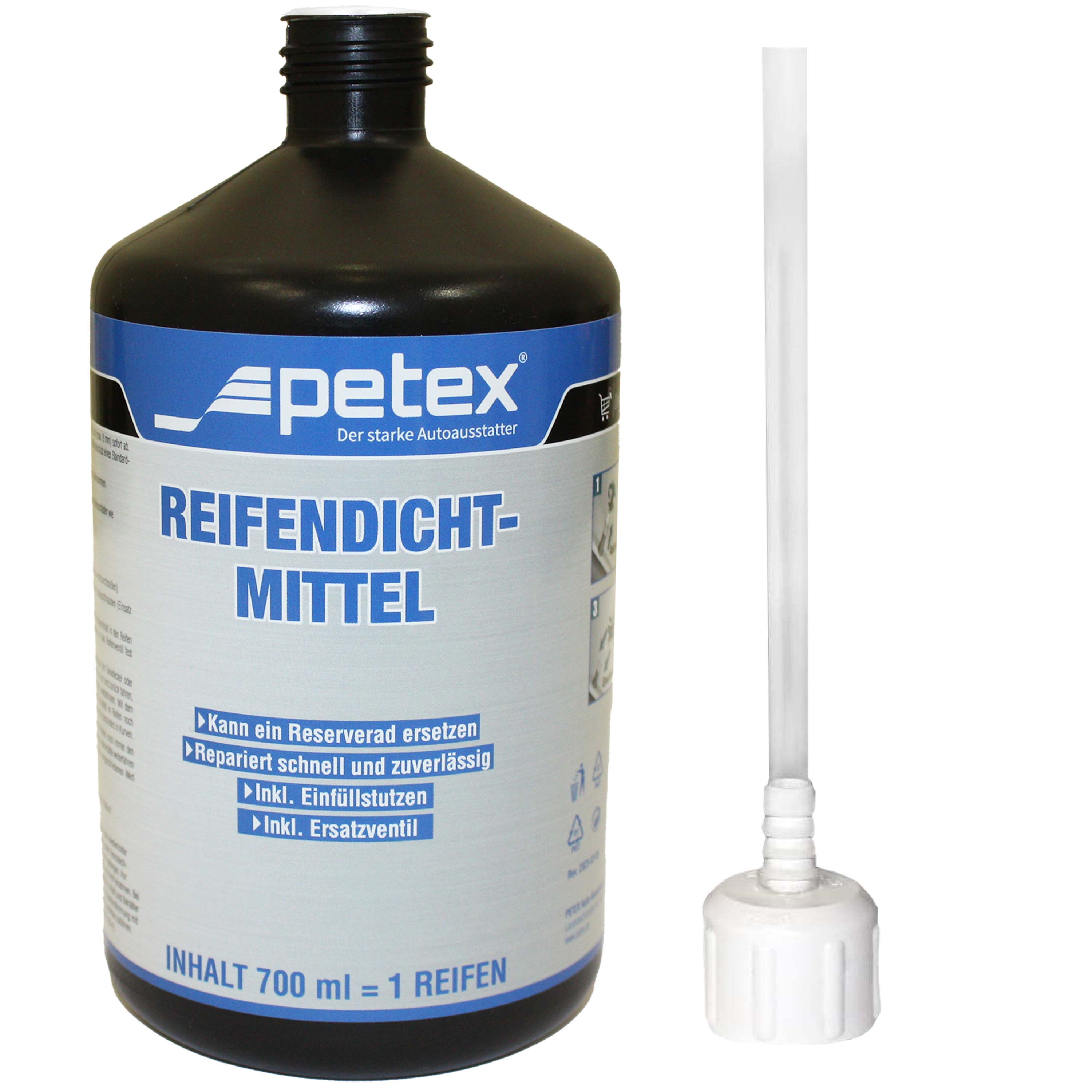 PETEX Reifendichtmittel 700 ml inkl Einfuelldeckel Ventilausdreher mit Fluegel Ersatzventil