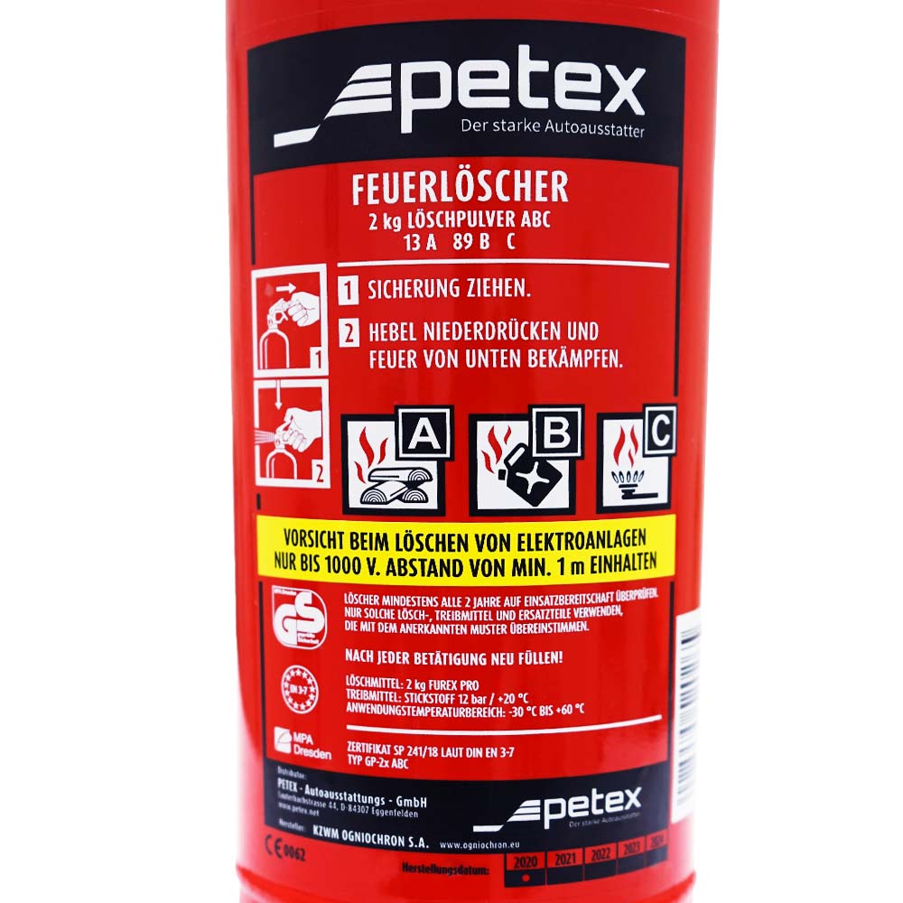 PETEX Feuerloescher nach DIN EN3 Dauerdruckloescher mit Manometer Inhalt 2 KG Farbe rot