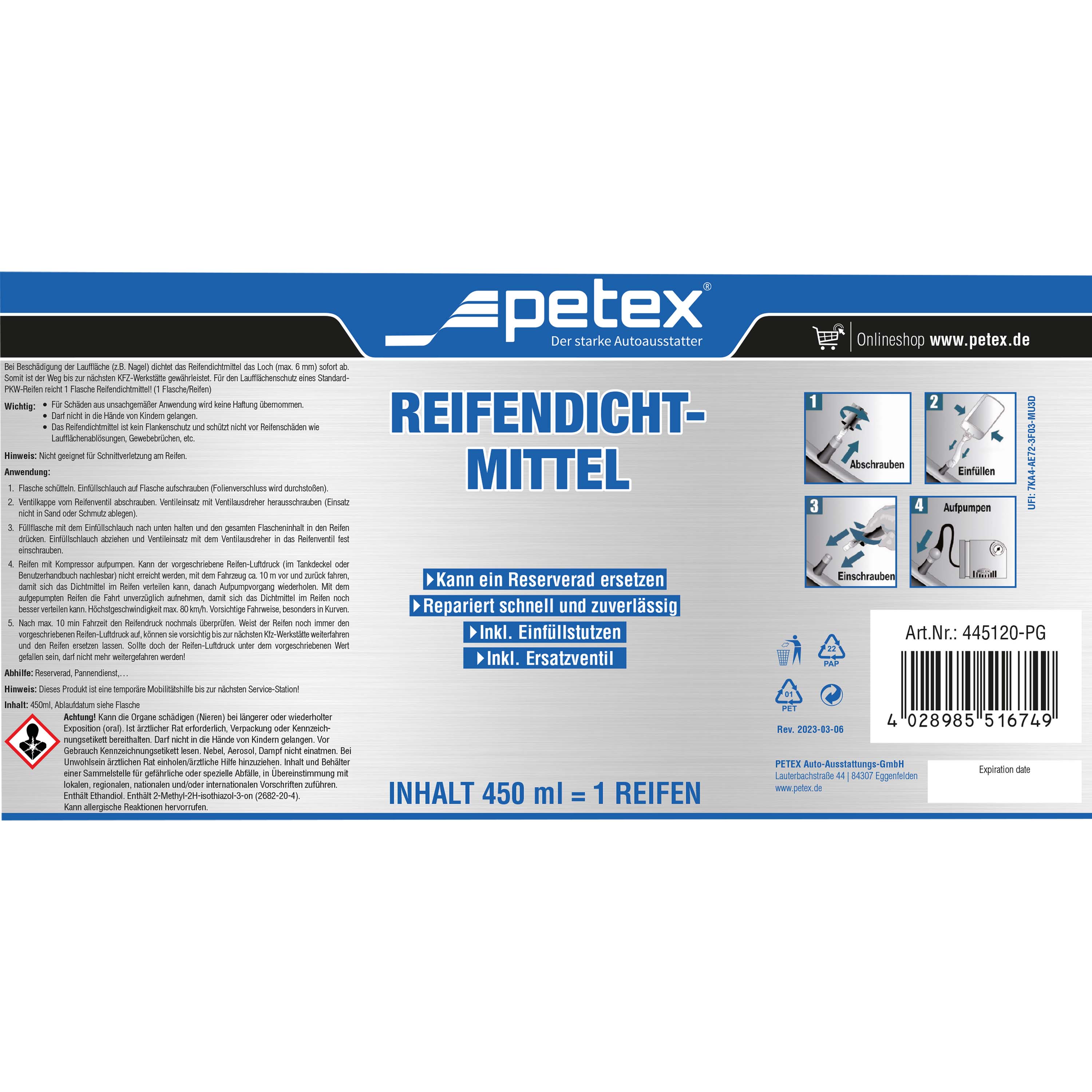 PETEX Reifendichtmittel 450 ml inkl Einfuelldeckel Ventilausdreher mit Fluegel Ersatzventil