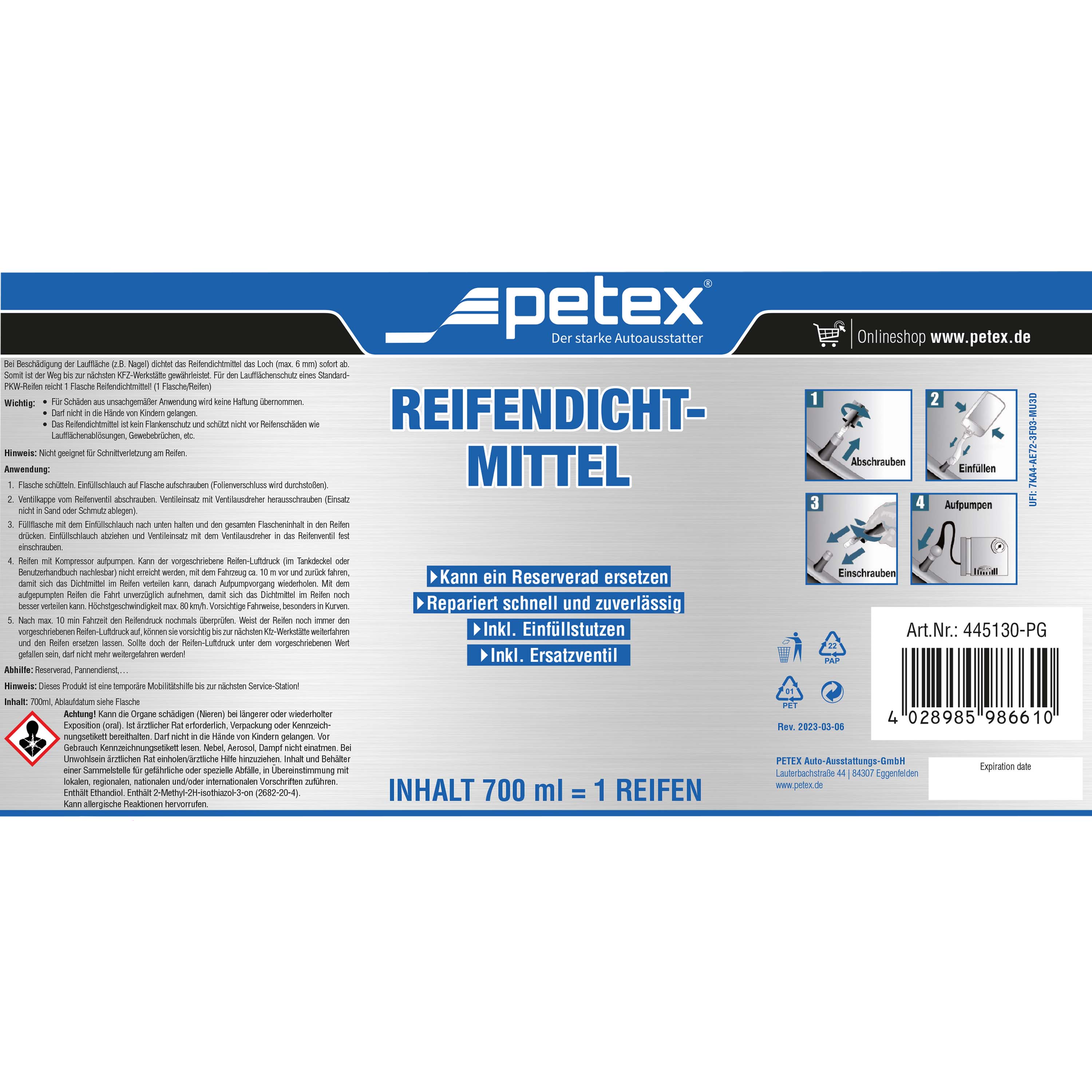 PETEX Reifendichtmittel 700 ml inkl Einfuelldeckel Ventilausdreher mit Fluegel Ersatzventil