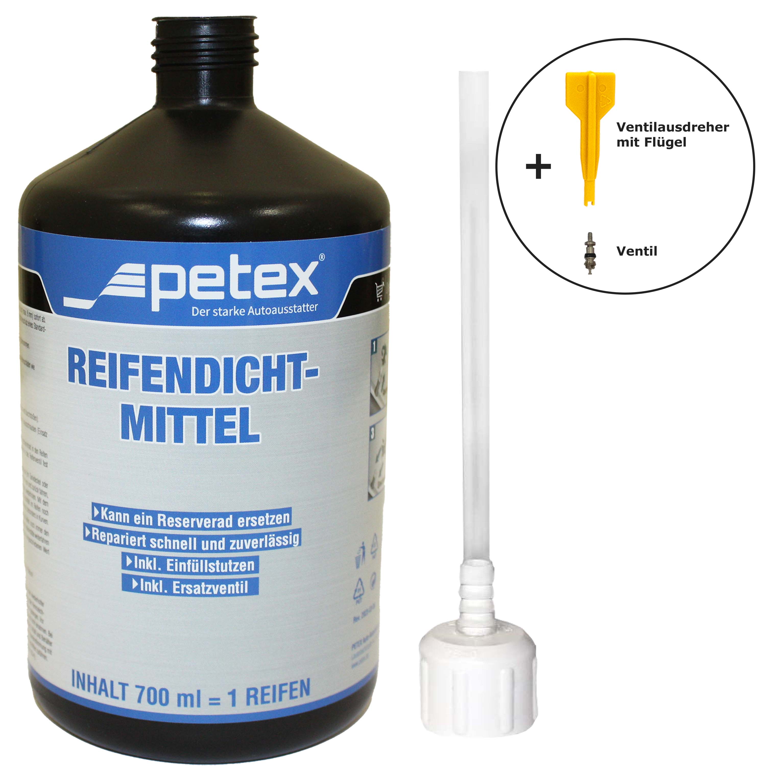 PETEX Reifendichtmittel 700 ml inkl Einfuelldeckel Ventilausdreher mit Fluegel Ersatzventil